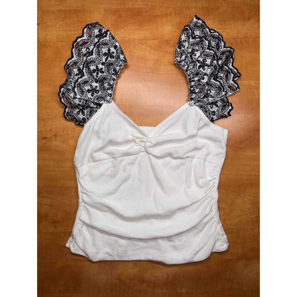 Anthropologie White Ribbed Eyelet Lace Flutter Sleeve Top Large